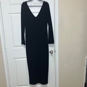 Elegant Black Long Sleeve Ribbed Knit V-neck Dress Size XL